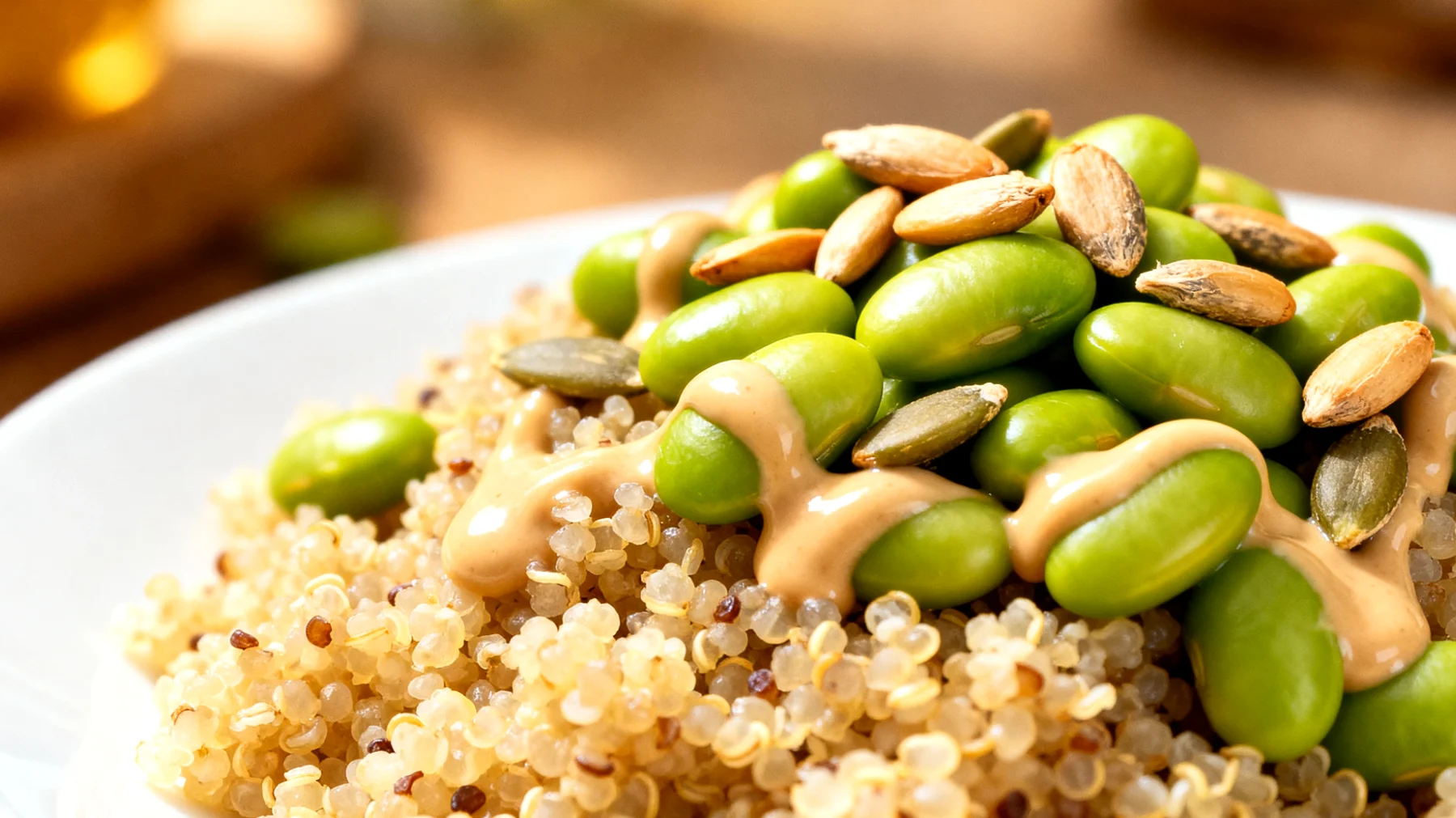 Amaranth-Quinoa-Bowl mit Edamame, Kürbiskernen und Tahin-Dressing"