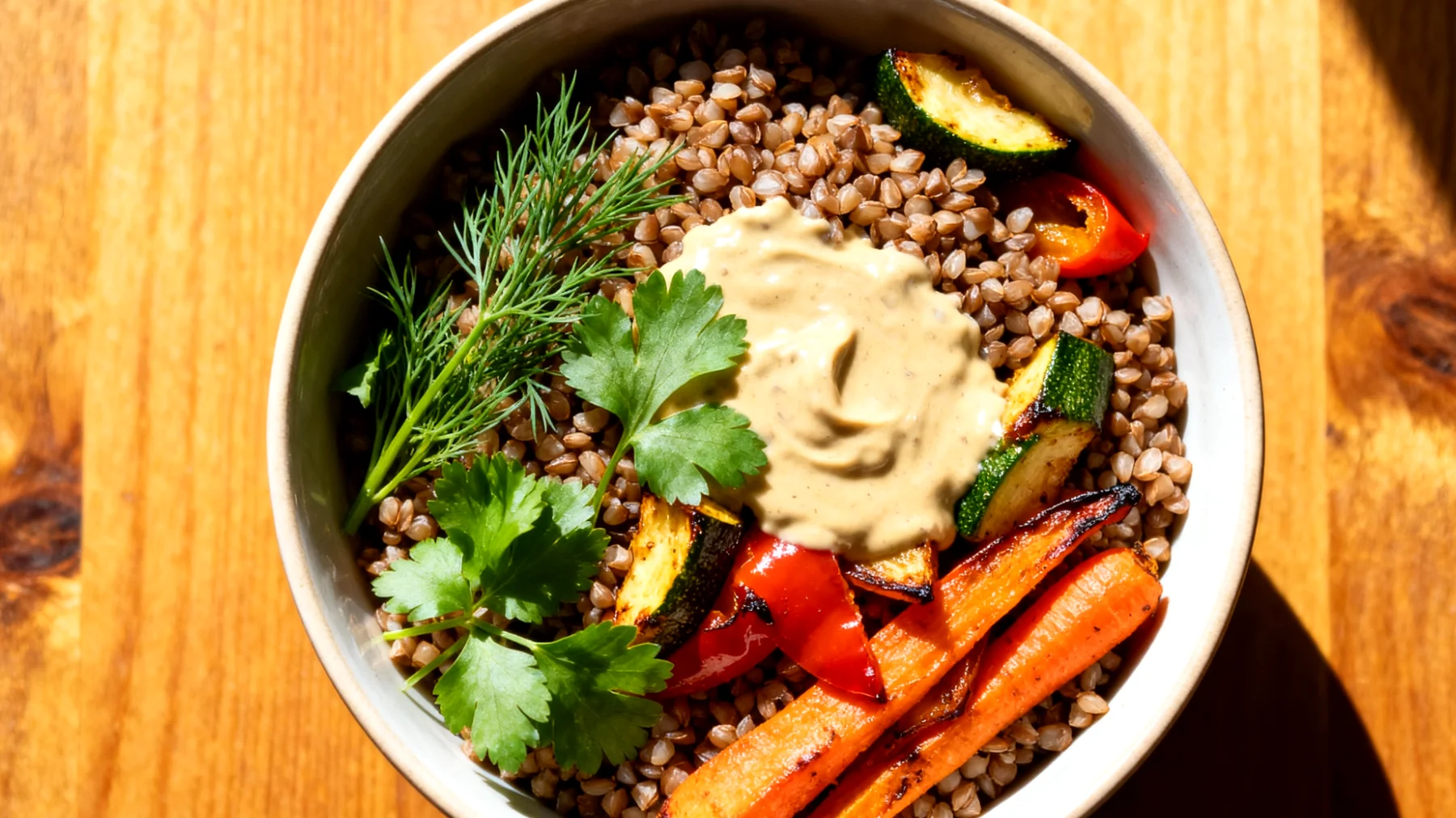 Buchweizen-Salat mit geröstetem Gemüse und Tahini-Dressing"