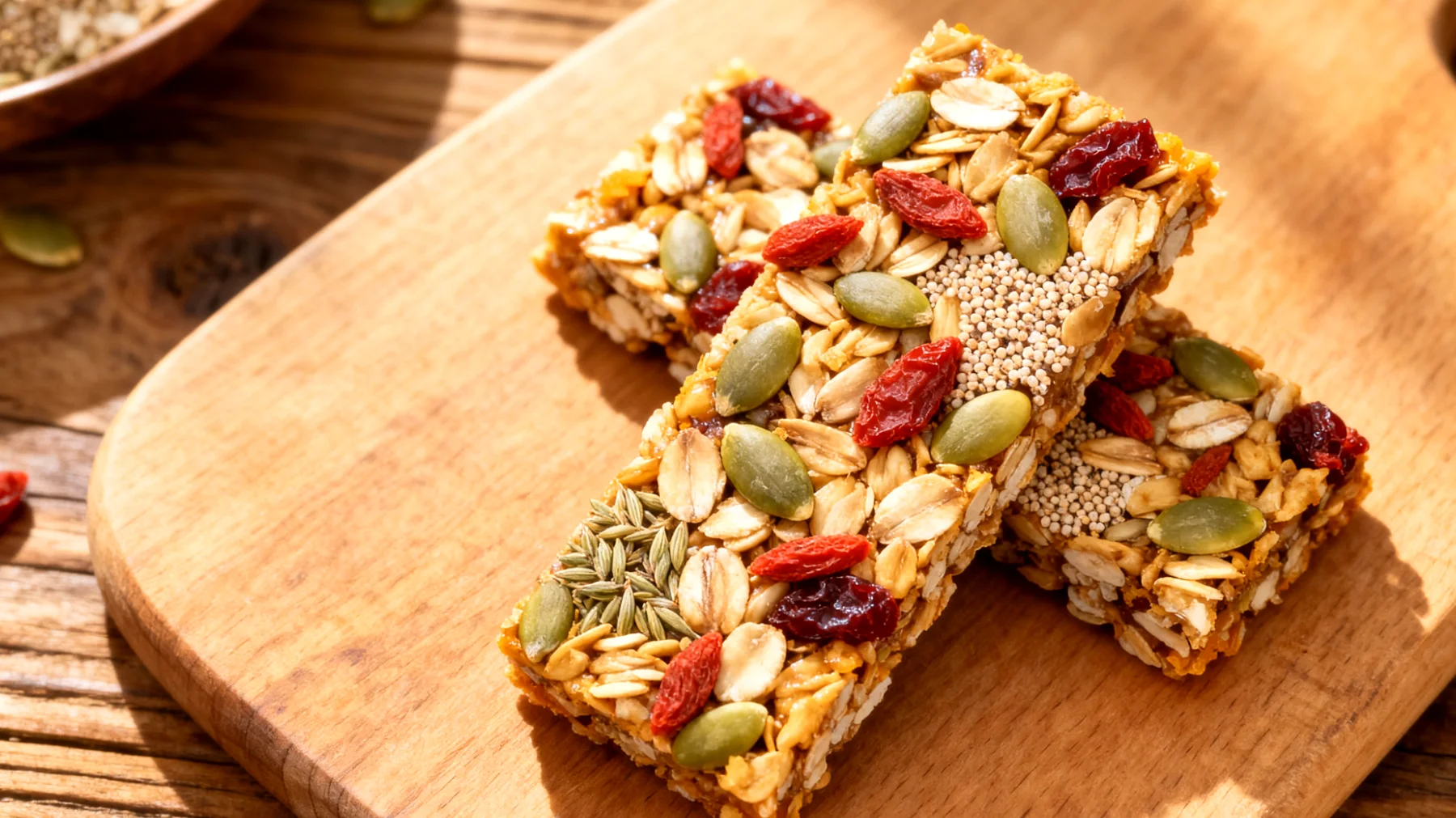 Hafer-Amaranth-Riegel mit Kürbiskernen und getrockneten Gojibeeren"
