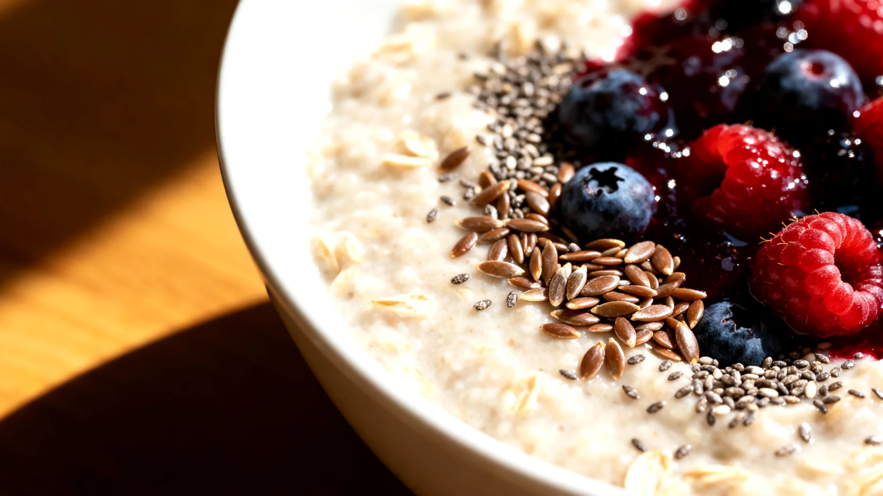 Hafer-Porridge mit Chiasamen, Leinsamen und Beerenkompott"
