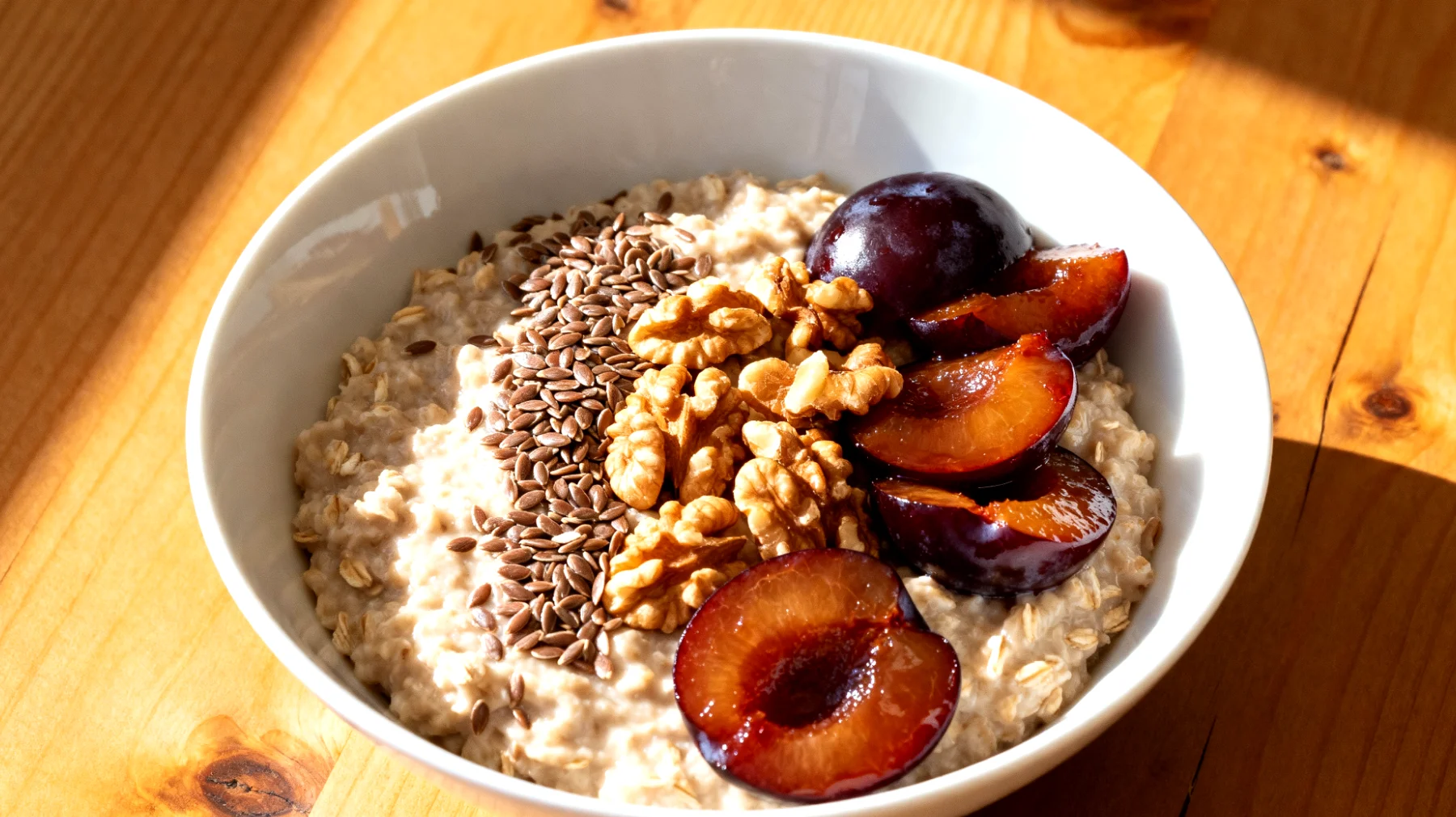 Haferbrei mit Leinsamen, gerösteten Walnüssen und gedünsteten Pflaumen"