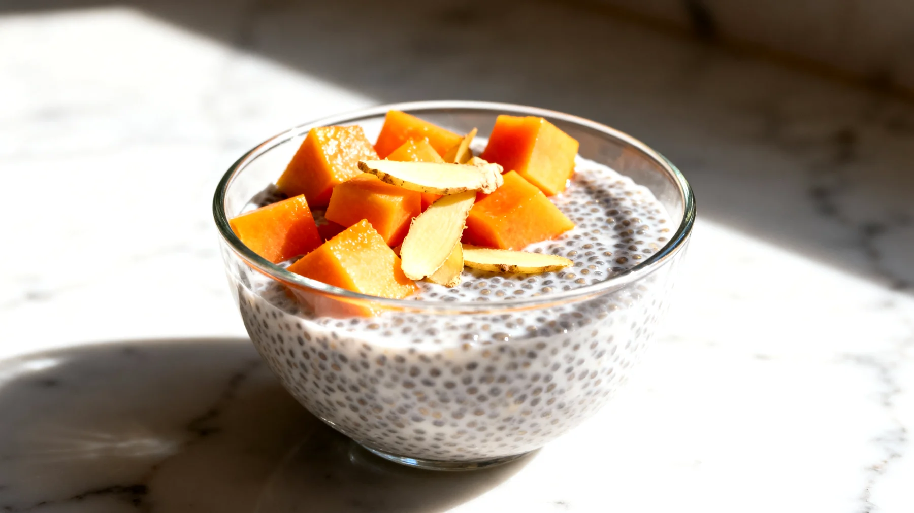 Kaltgepresster Leinsamenpudding mit Papaya und Ingwer"