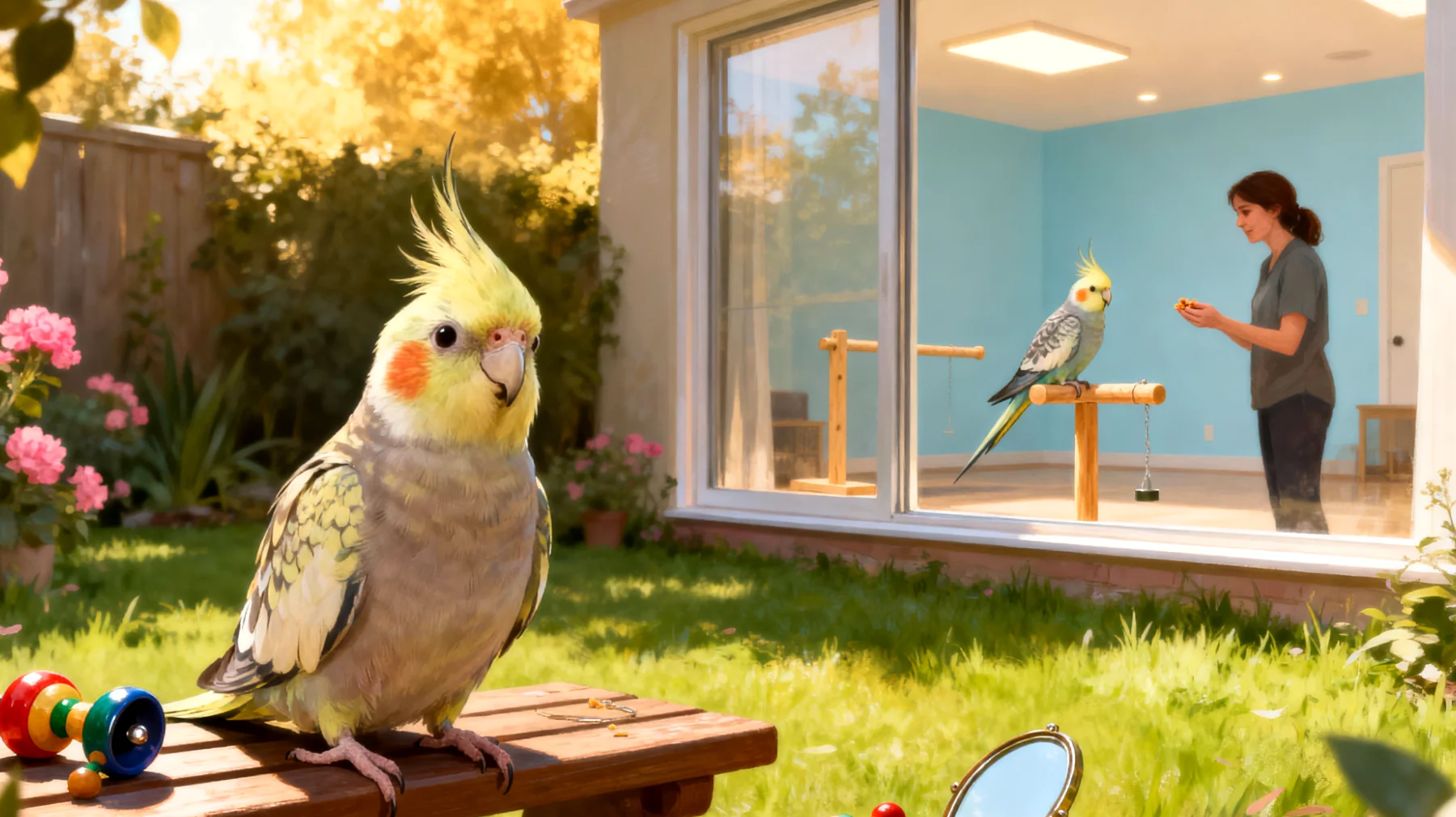 Nymphensittiche können im Garten nicht artgerecht trainiert werden, da der Kontext 'Im Garten' für Vogel-Training ungeeignet ist - Training findet primär in kontrollierten Innenräumen statt"