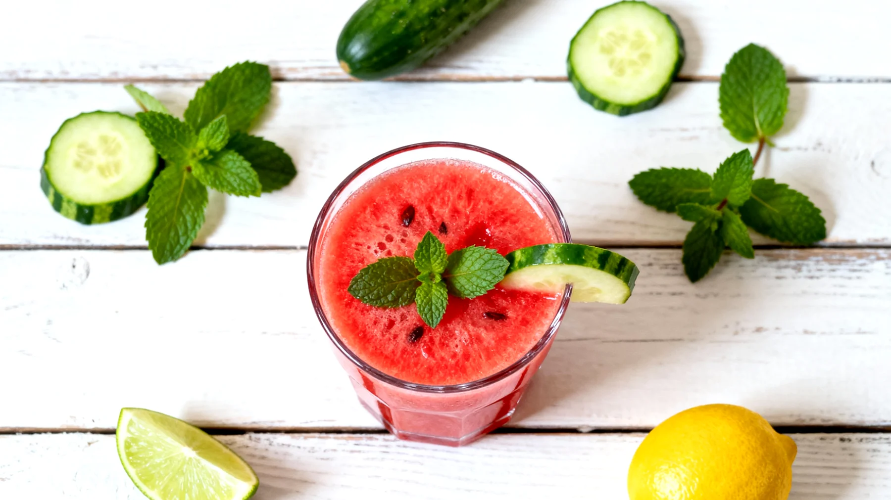 Wassermelonensaft mit Gurke, Minze und Limette"