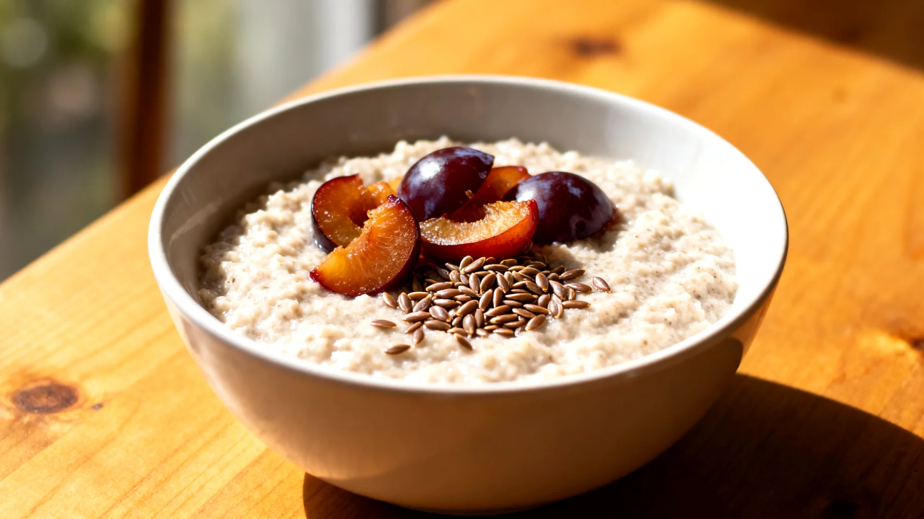 Flohsamenschalen-Porridge mit fermentierten Pflaumen und Leinsamen"