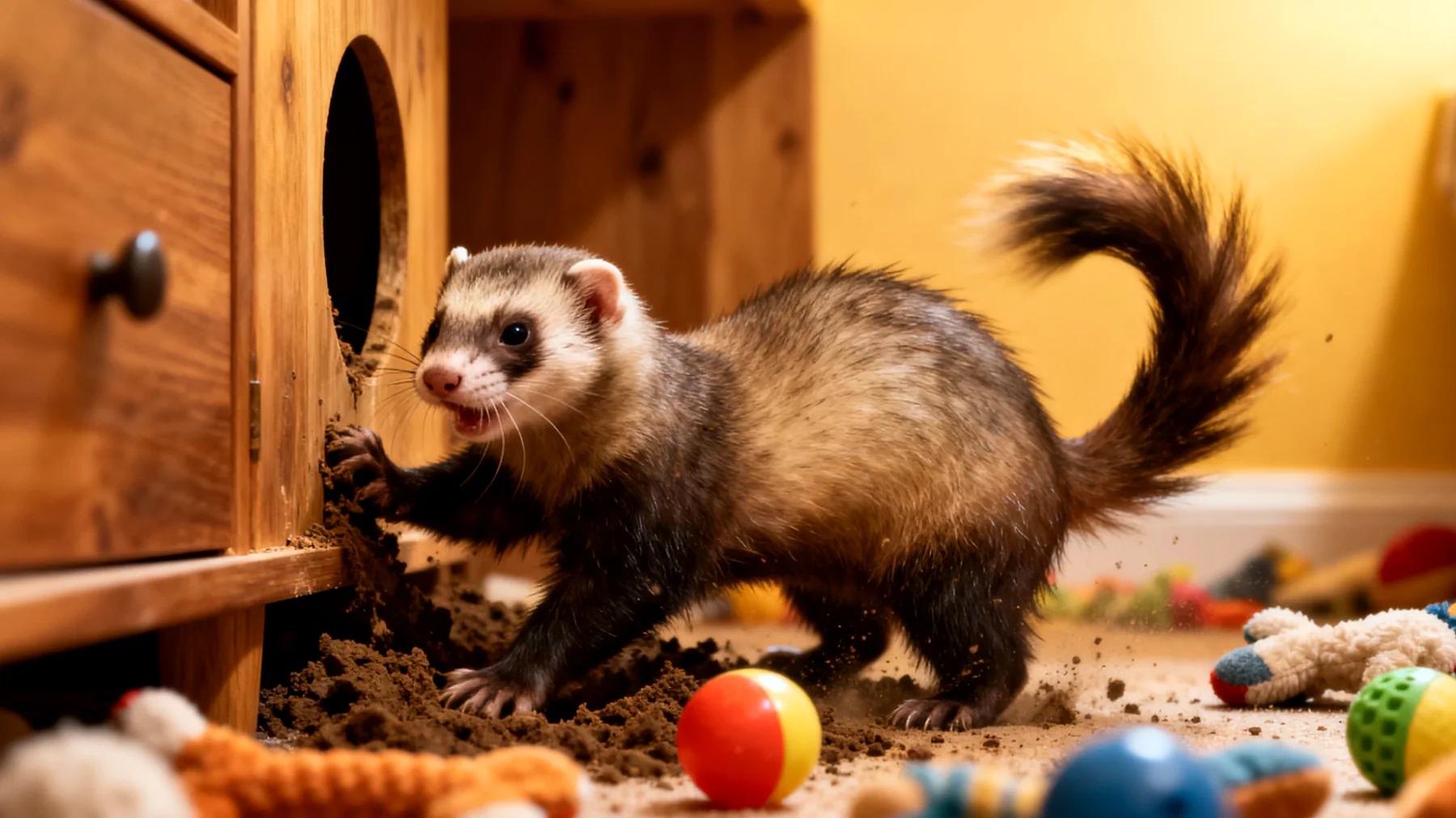 Junge Frettchen sind sehr energiegeladen und können gestresst sein, wenn sie nicht genügend Auslauf und mentale Stimulation erhalten, was zu destruktivem Verhalten und Unruhe führt"