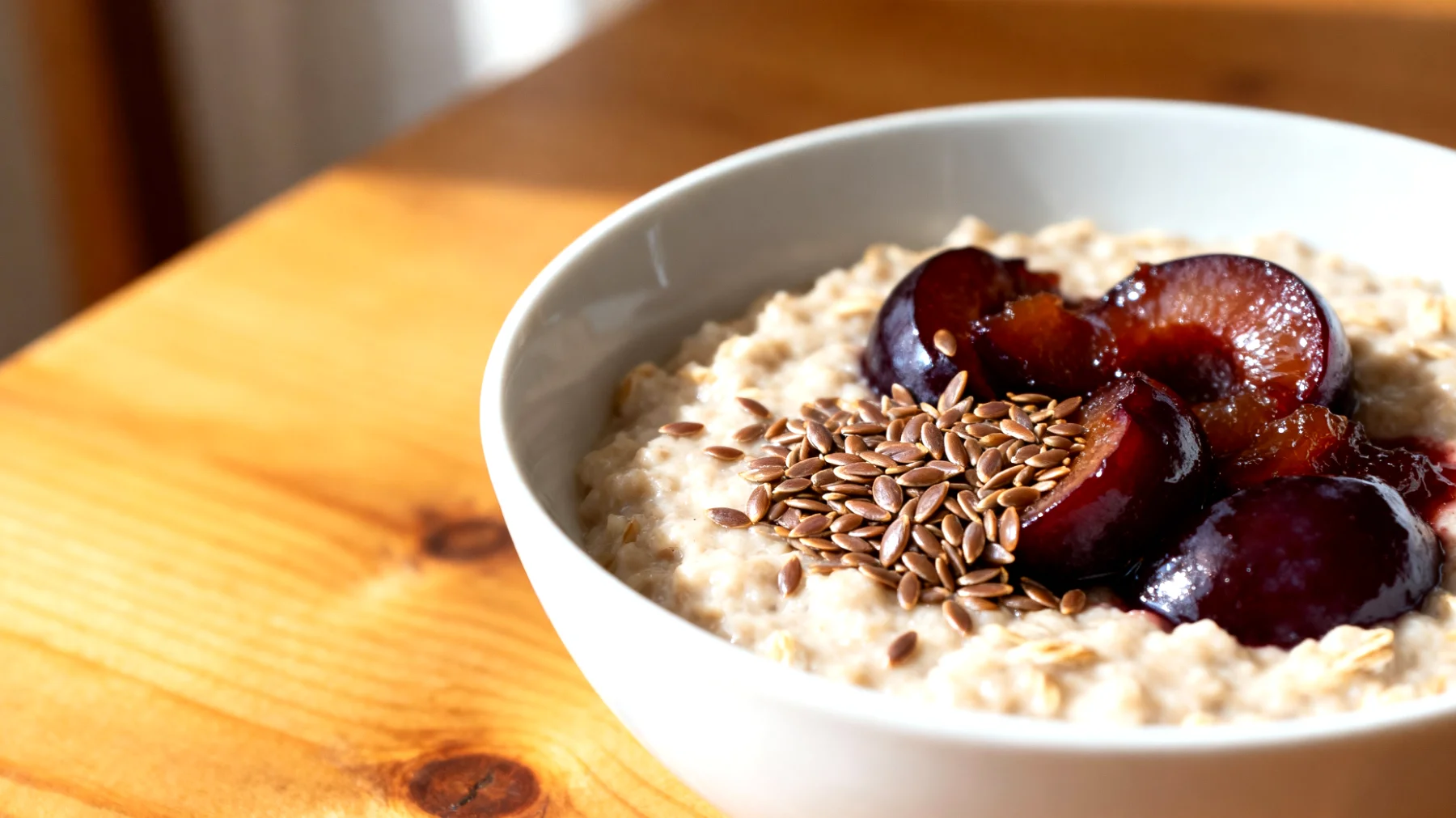 Haferbrei mit eingeweichten Leinsamen und gedünsteten Pflaumen"