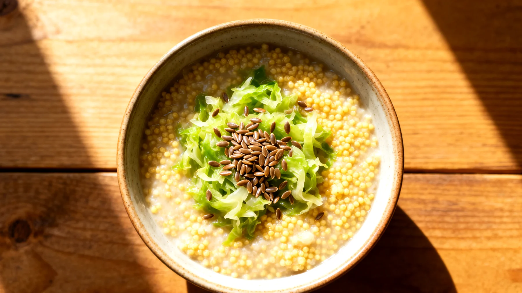 Hirsebrei mit fermentiertem Gemüse (Sauerkraut) und Leinsamen"