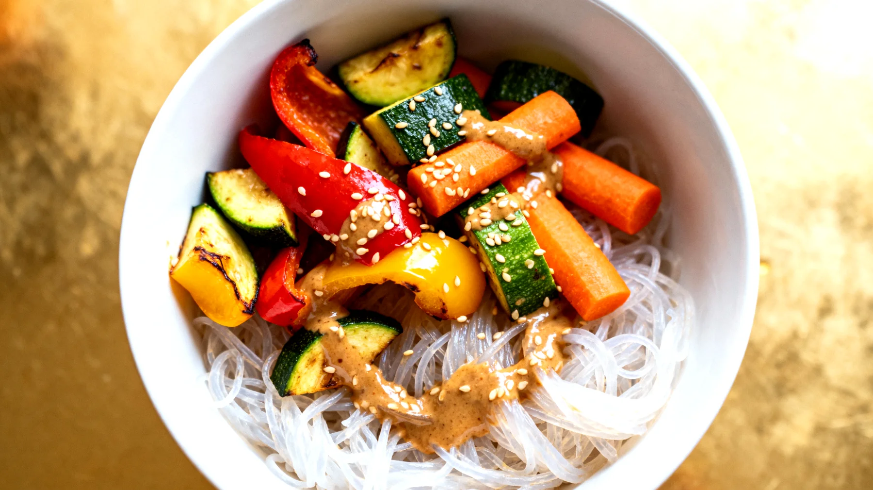 Konjak-Nudeln (Shirataki) mit geröstetem Gemüse und Miso-Sesam-Sauce"