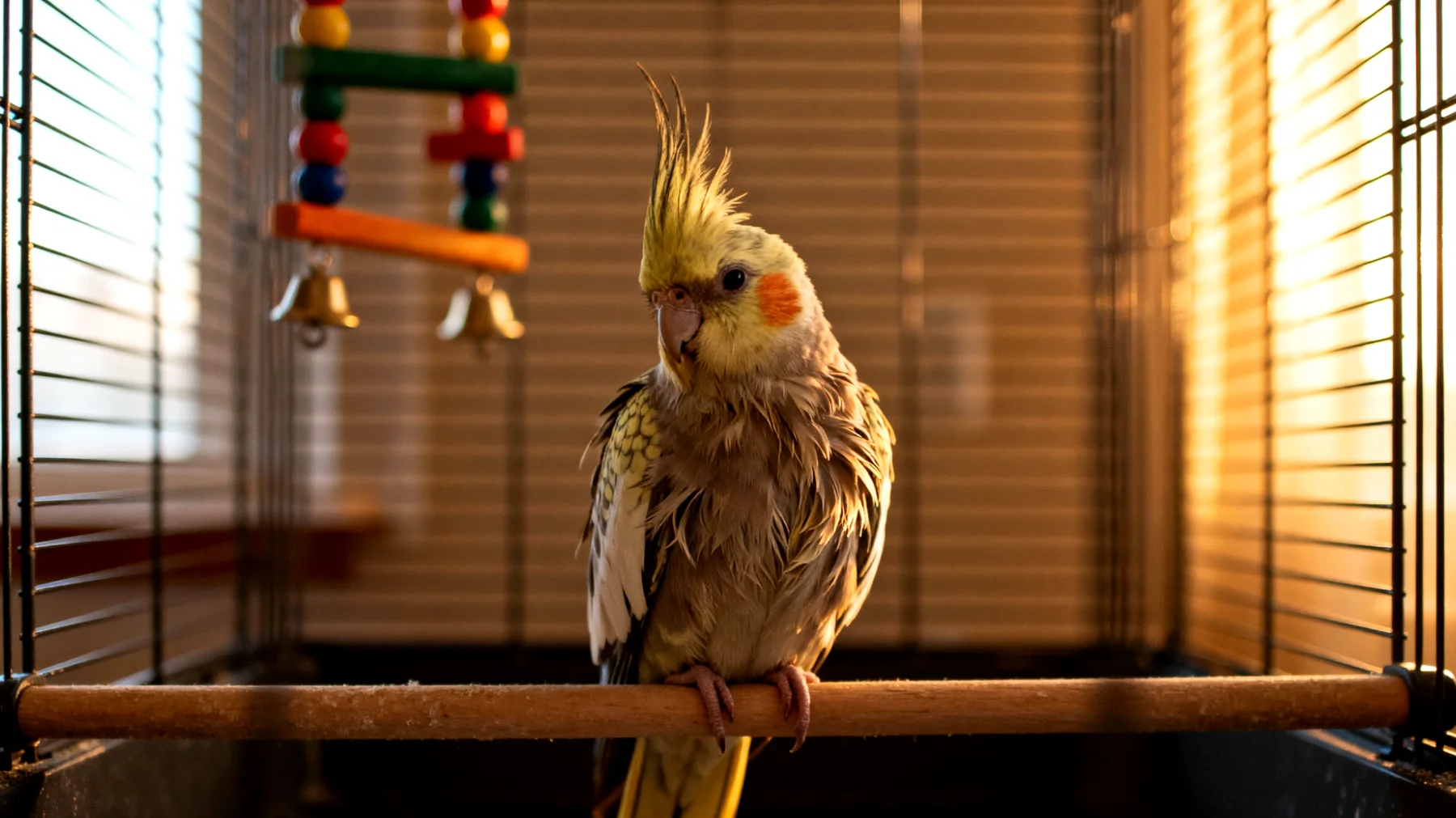 Nymphensittiche in Wohnungshaltung benötigen ausreichend Beschäftigung und Spielmöglichkeiten, um Langeweile, Verhaltensstörungen wie Federrupfen und Frustration zu vermeiden, da der begrenzte Raum ihren natürlichen Bewegungsdrang und ihr Erkundungsverhalten einschränkt"