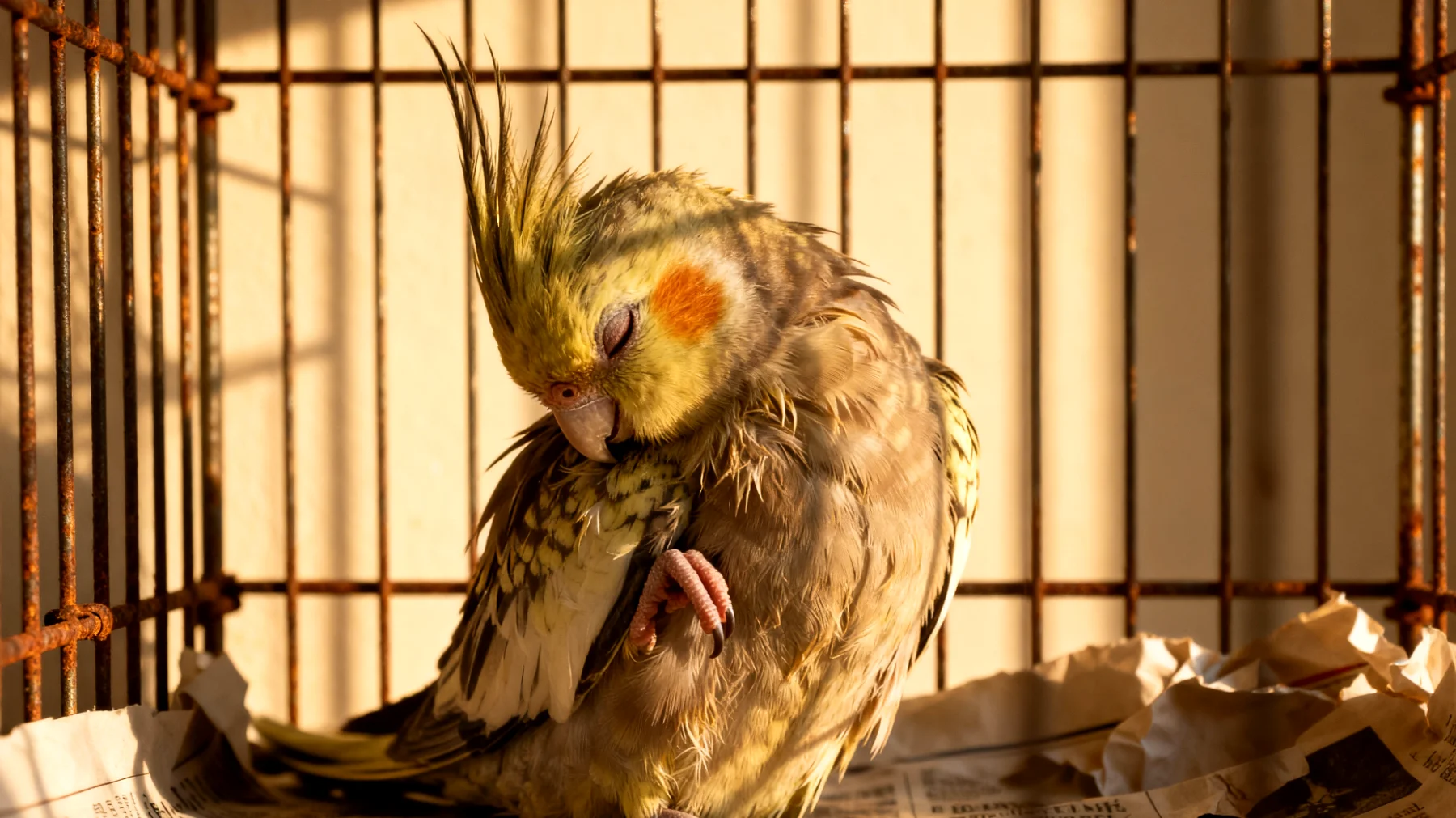 Nymphensittiche leiden in Wohnungshaltung häufig unter Verhaltensauffälligkeiten und Stress durch mangelnde Beschäftigung, fehlende Artgenossen oder ungeeignete Käfiggröße, was zu Federrupfen, Dauerschreien oder Apathie führen kann"