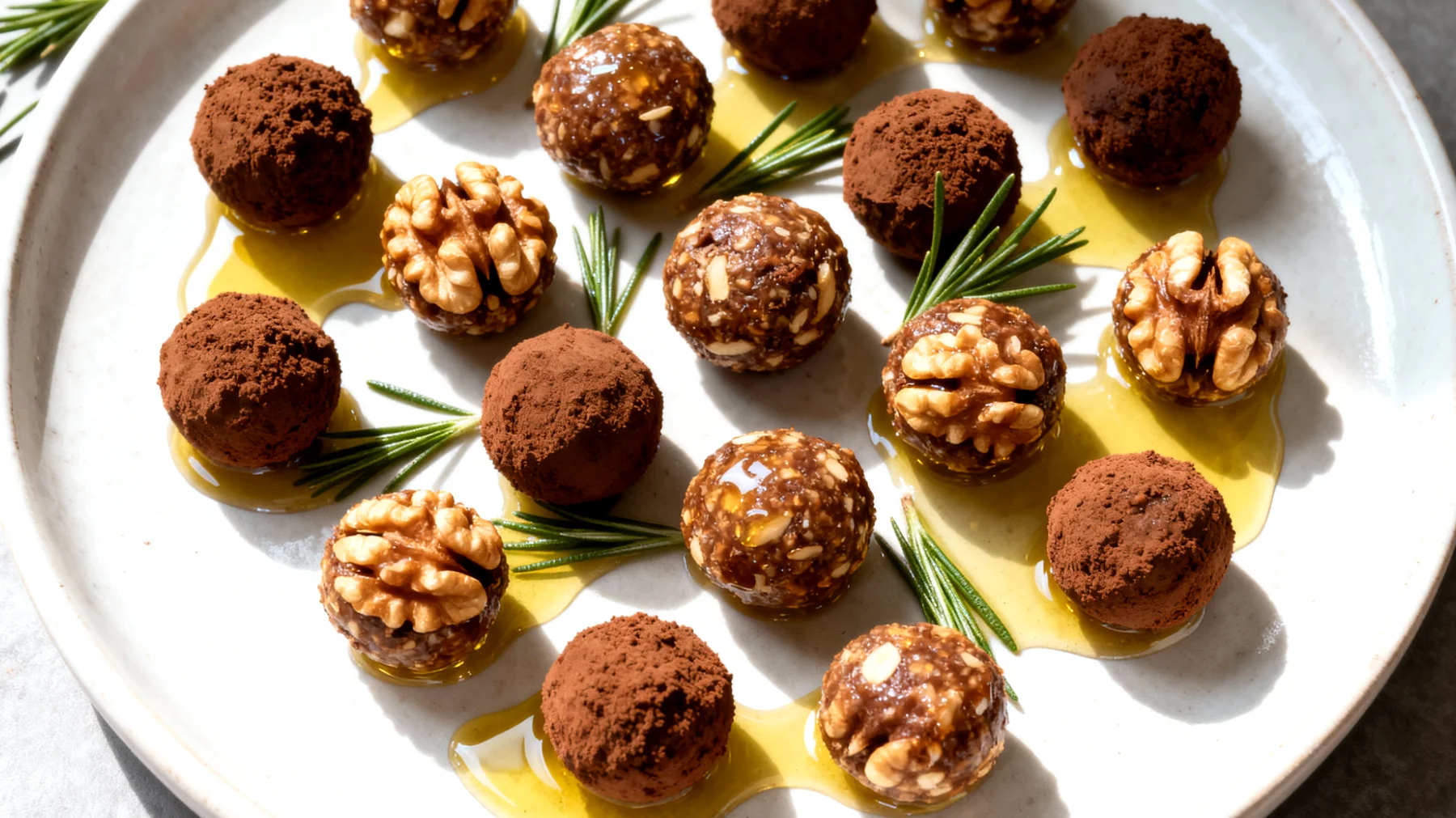 Walnuss-Kakao-Energiekugeln mit Rosmarinöl"